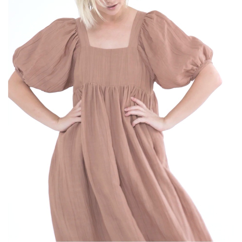 Amente Volume Puff Sleeve Midi Dress Mousse Mocha Mauve Gauzy Medium Large M L